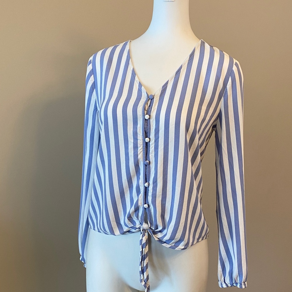 Kismet Blue and White Striped Button-Front Tie-Hem Blouse